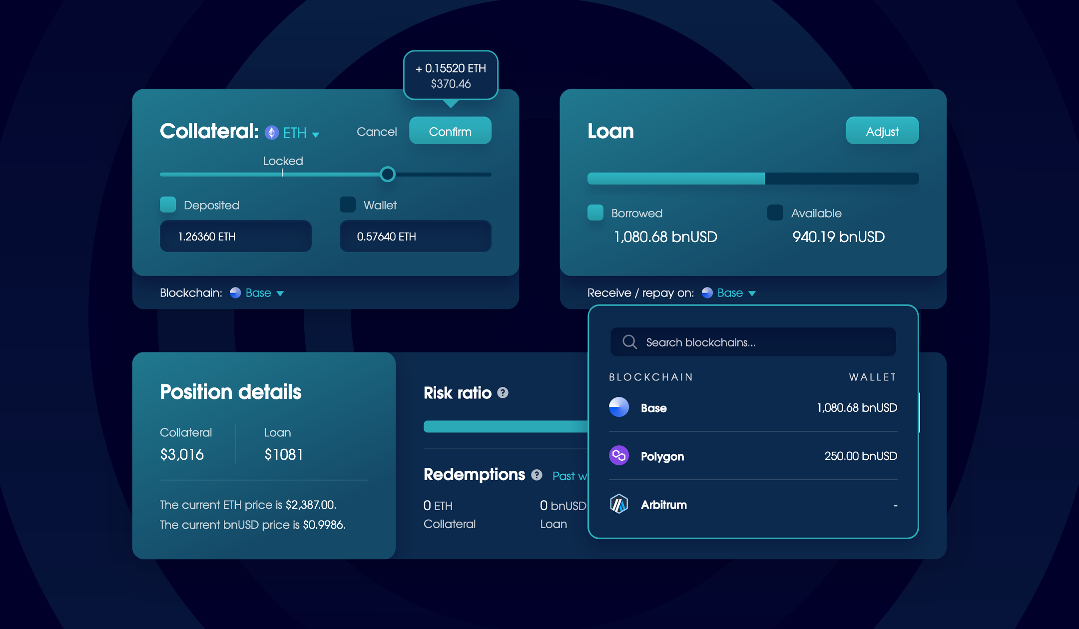 Balanced collateral and loan panels with separate blockchain selectors; the open loan menu lists Base, Polygon, and Arbitrum.