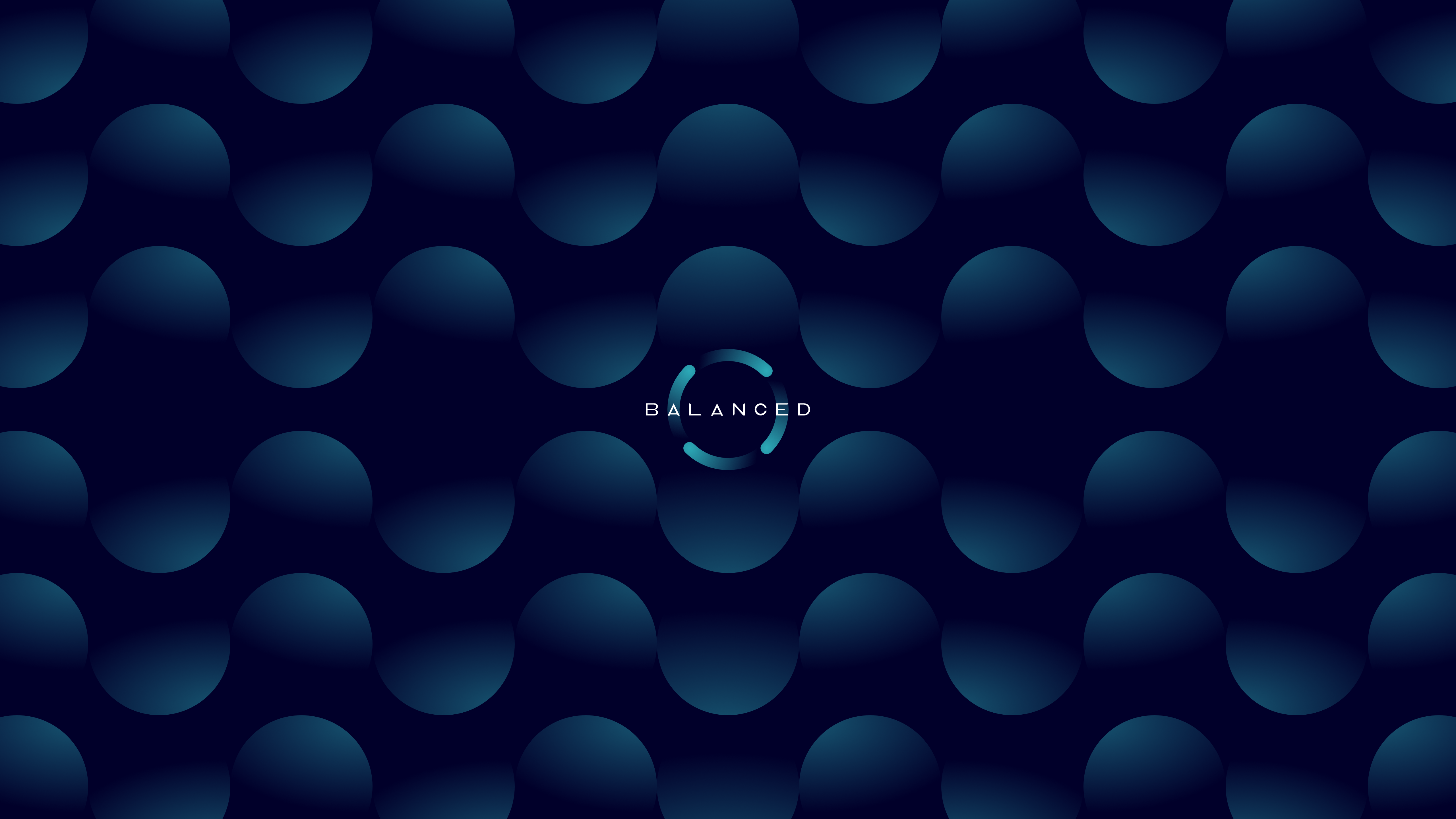 Balanced wordmark inside a segmented turquoise ring, centred on a navy background patterned with blue gradient circles.