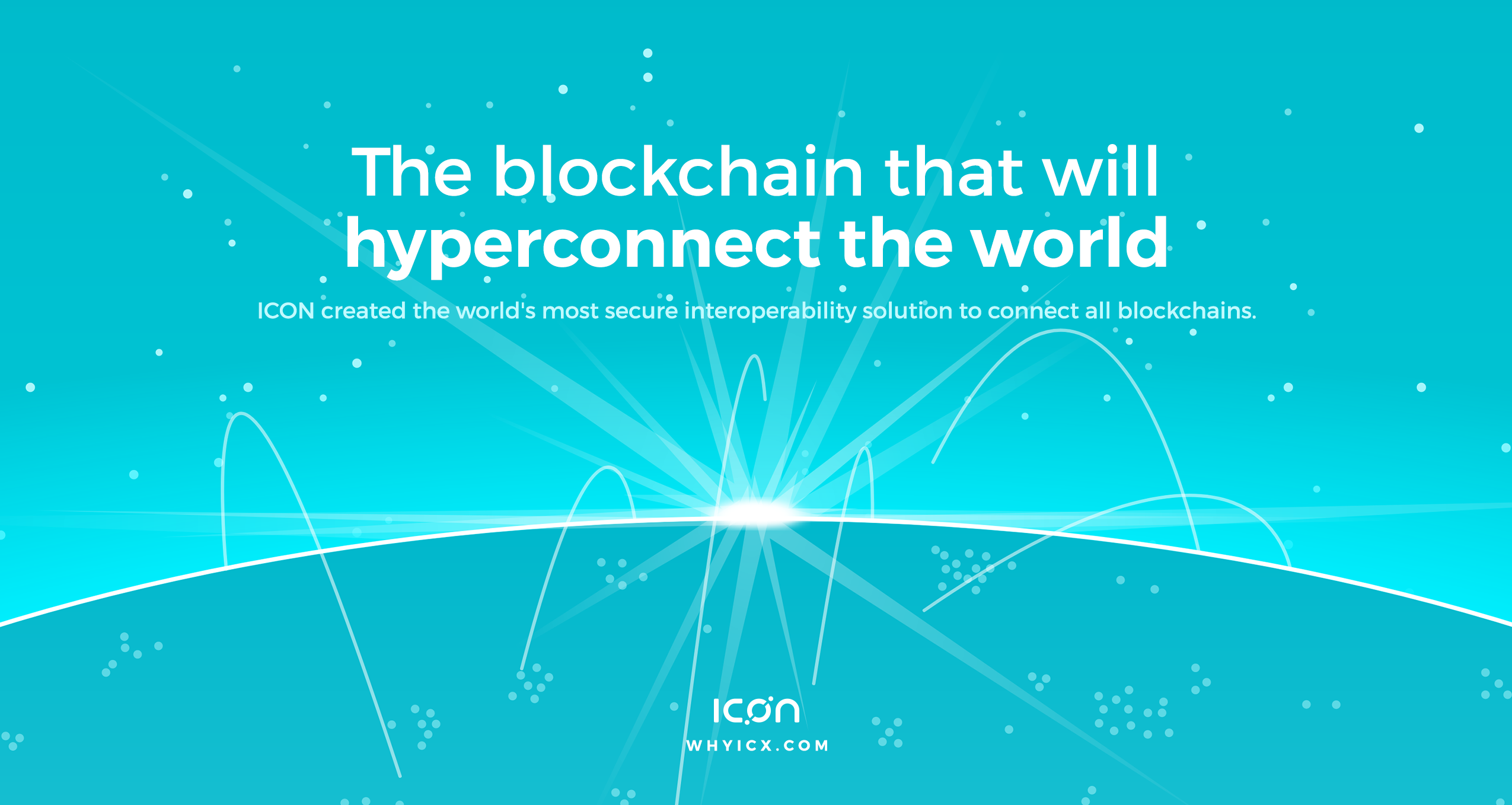 WhyICX hero artwork with the headline "The blockchain that will hyperconnect the world" above a turquoise globe connected by white arcs.