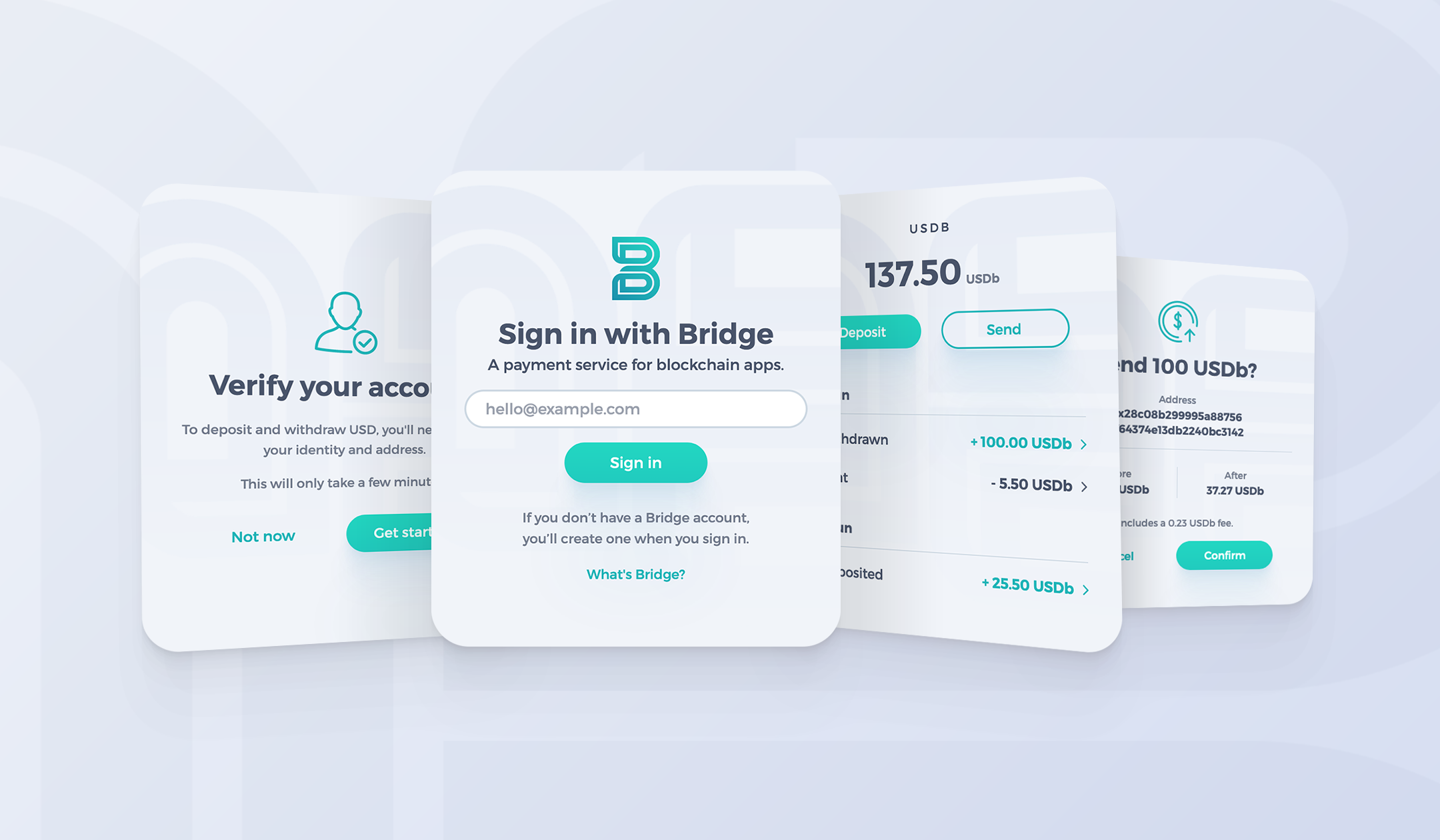 Four overlapping Bridge wallet screens for email sign-in, account verification, balances and payment confirmation, with pale panels and turquoise buttons.