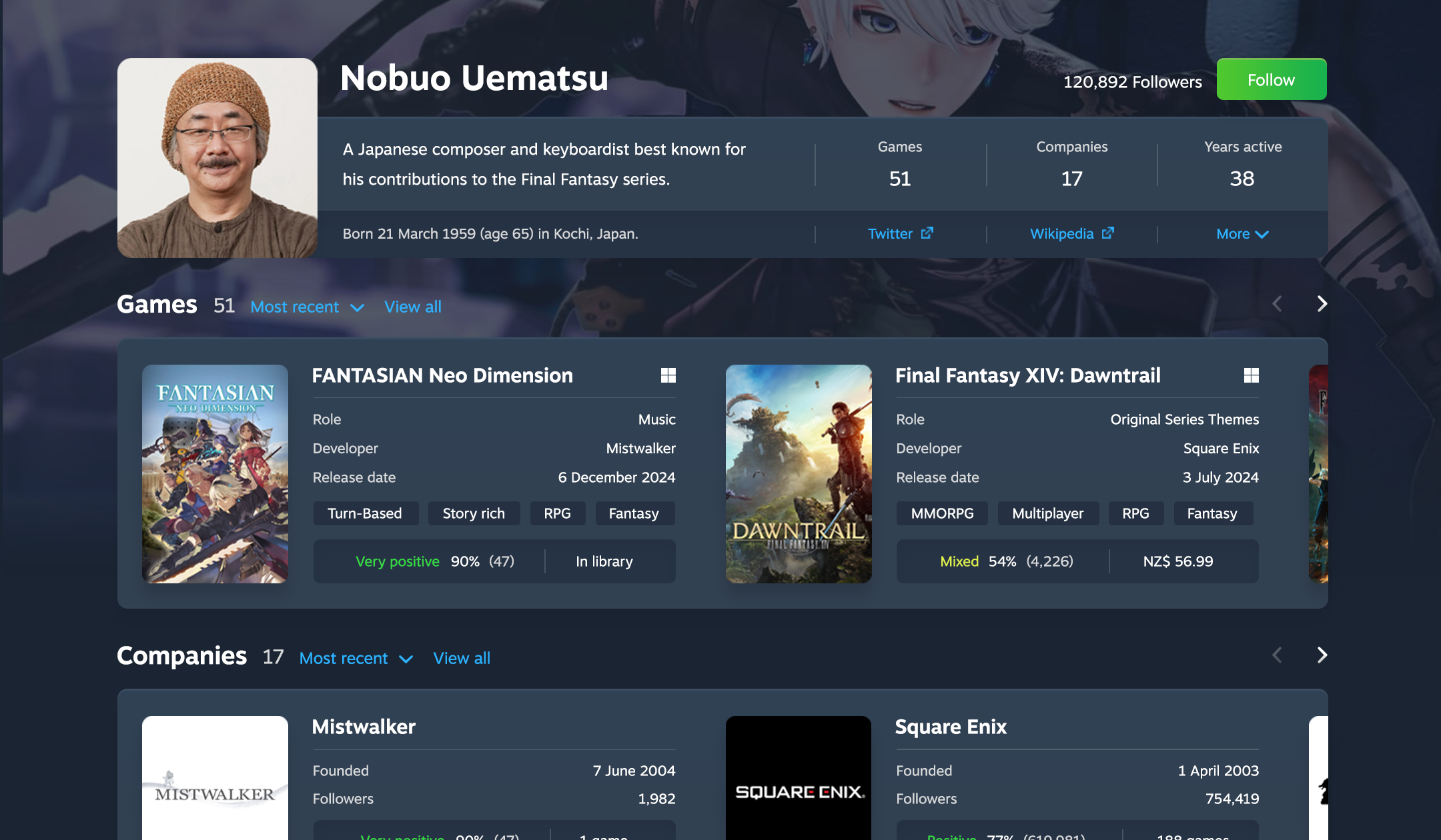Steam contributor page with a portrait and biography above separate rows of game credits and associated company cards.