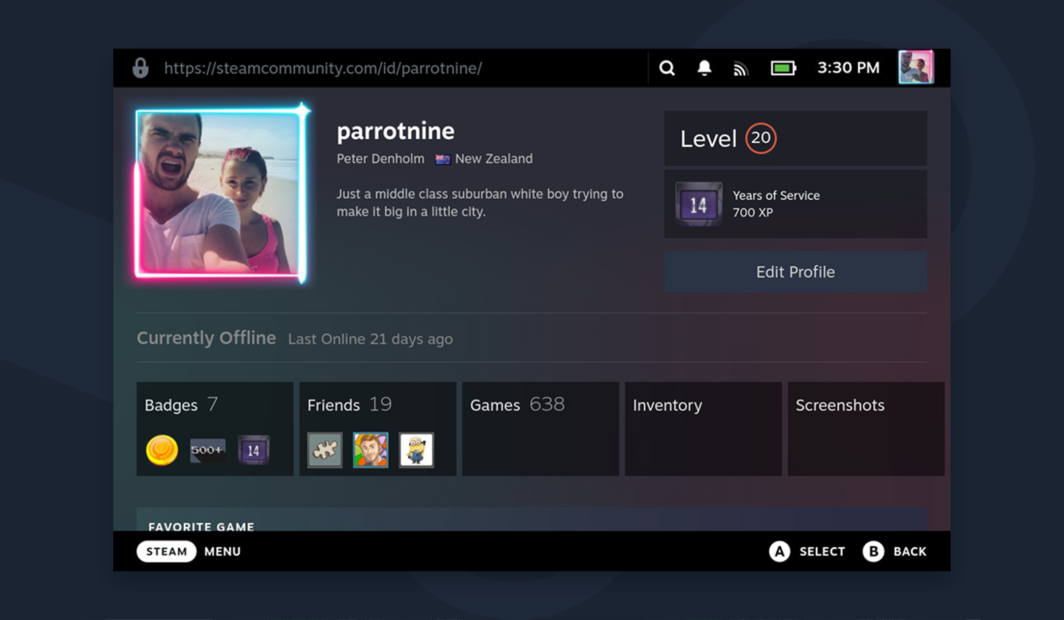 Steam profile before the redesign, with a large avatar and biography above separate panels for badges, friends, games, inventory and screenshots.